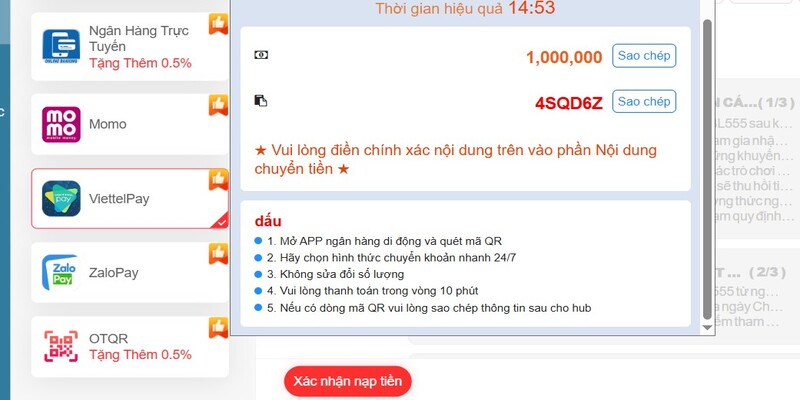 Đảm bảo thông tin nạp tiền BL555 phải chính xác